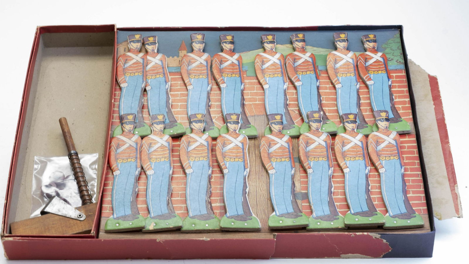 Boxed J. Presman Co. Soldier with Shure-Shot Gun: Made by J. Presman & Co. of New York. Made of Cardboard and Wood. Excellent Condition with Original Box. Box with some damage.