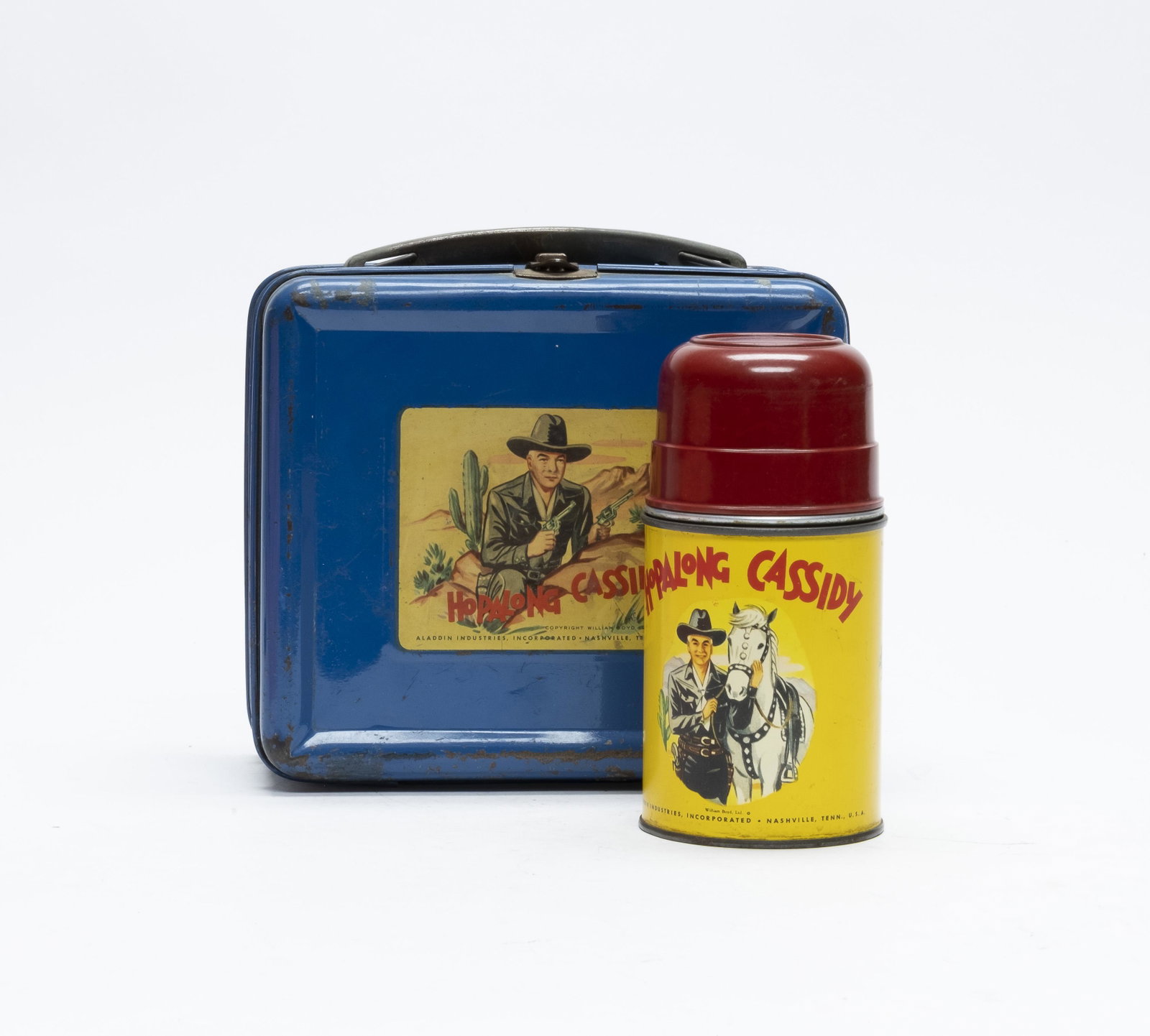 Hopalong Cassidy Lunch Box: Made by Aladdin Industries. Very Good Condition. Comes with Original Thermos. "As used" scratches.