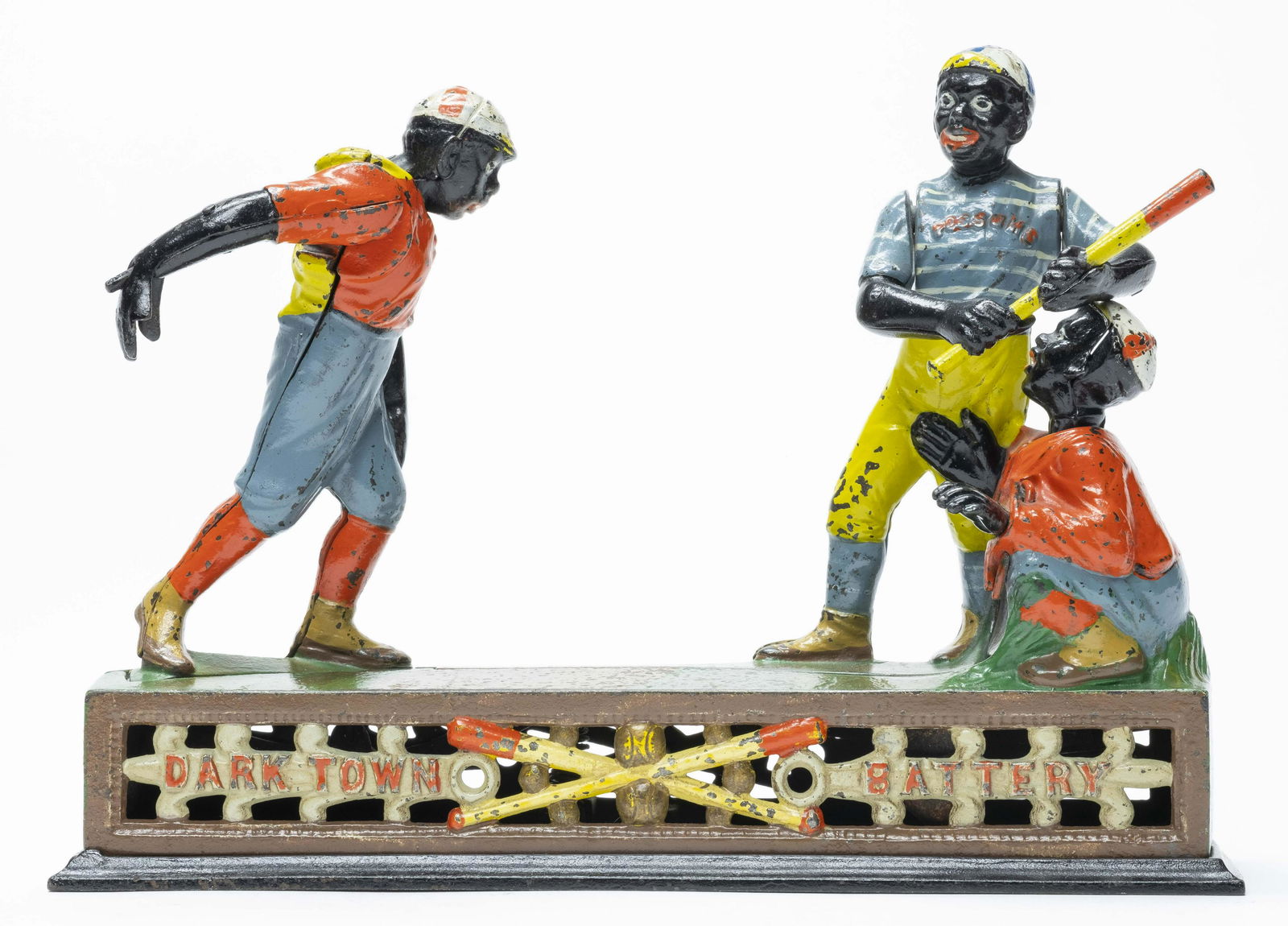 Darktown Battery Cast Iron Mechanical Bank: J. & E. Stevens 1880's of Cromwell, Connecticut. Place a coin in the pitcher’s hand and press the lever. He pitches the coin and the batter swings, but the coin sails so quickly by him that it defle