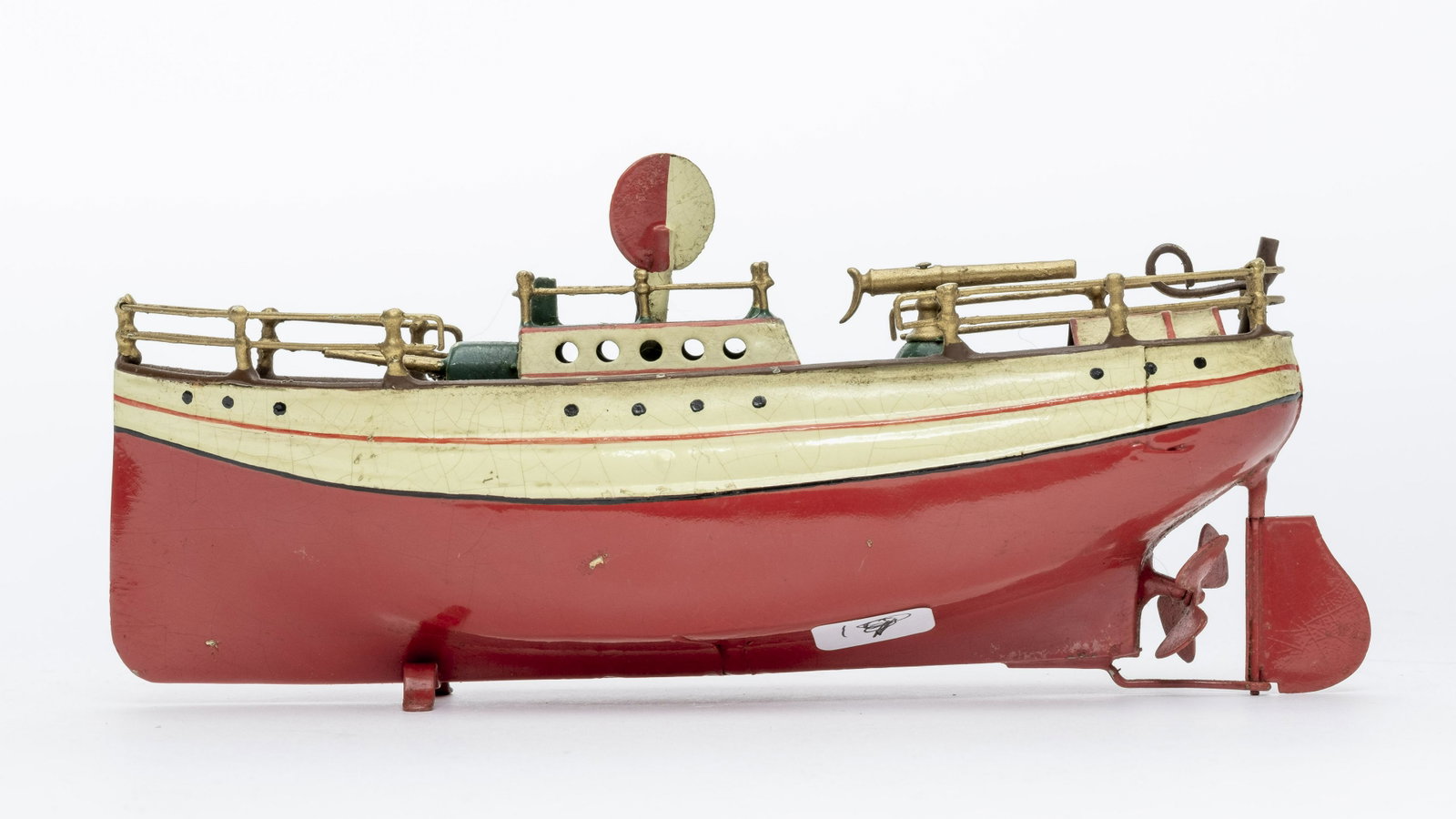 Falk Gun Boat: Made by Falk. 7 3/4" Long. Made of Tin. Worked when tested. Looks great. Professionally Restored.