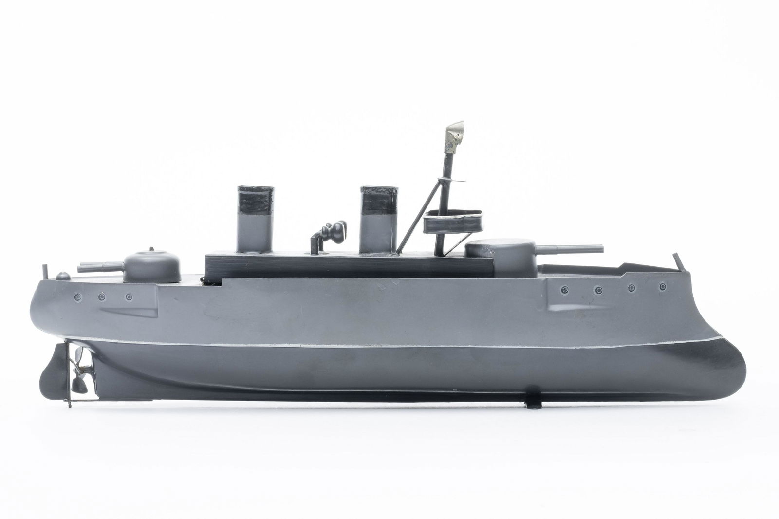 Bing Ram Front Gun Boat: Made in Germany. 16" Long. Made of Tin. Worked when tested. Restored. No key.