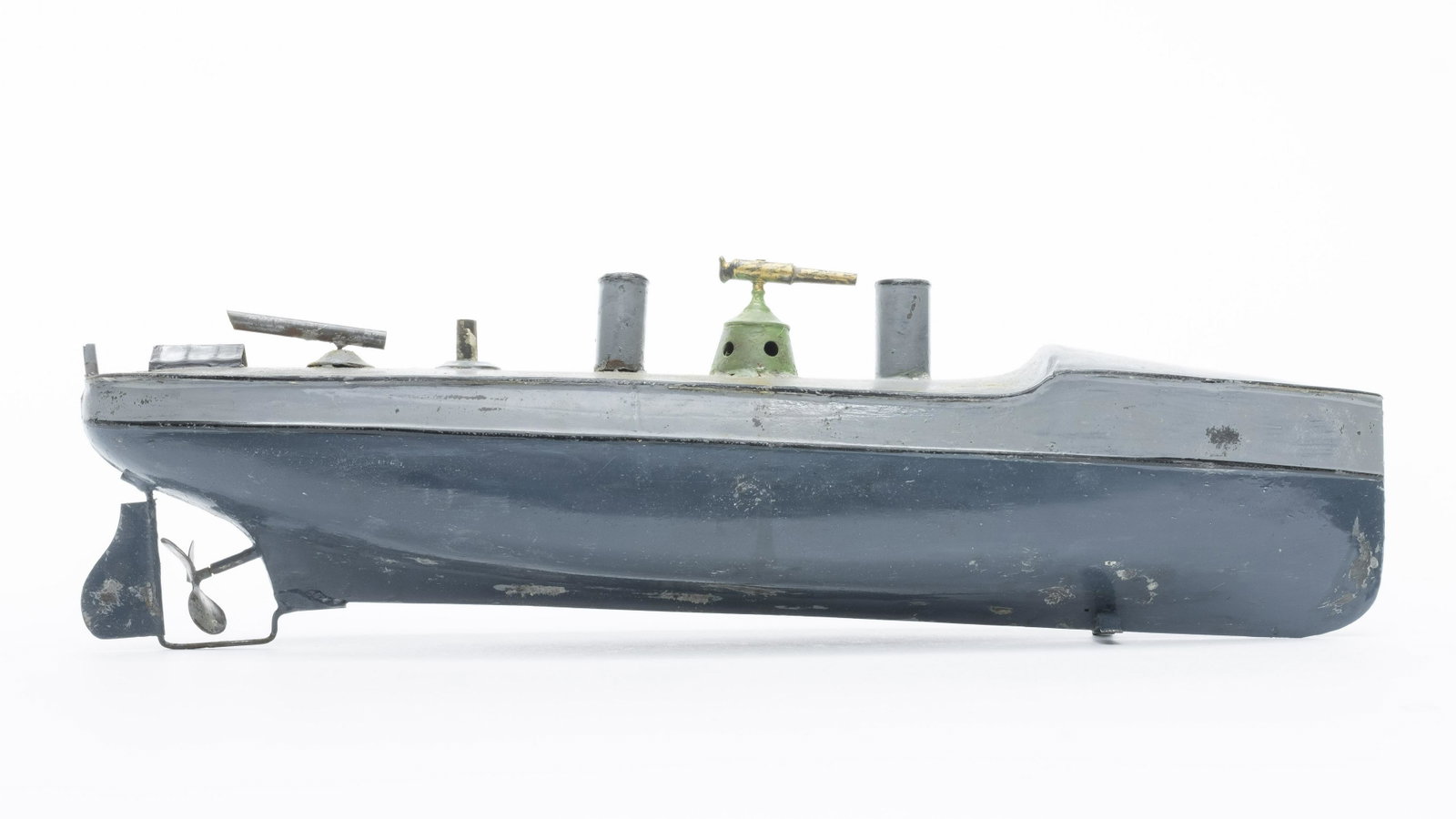 GFN Gun Boat: Made in Europe. 14 1/2" Long. Worked when tested. Well restored years ago. Missing a mast and flag. No key.