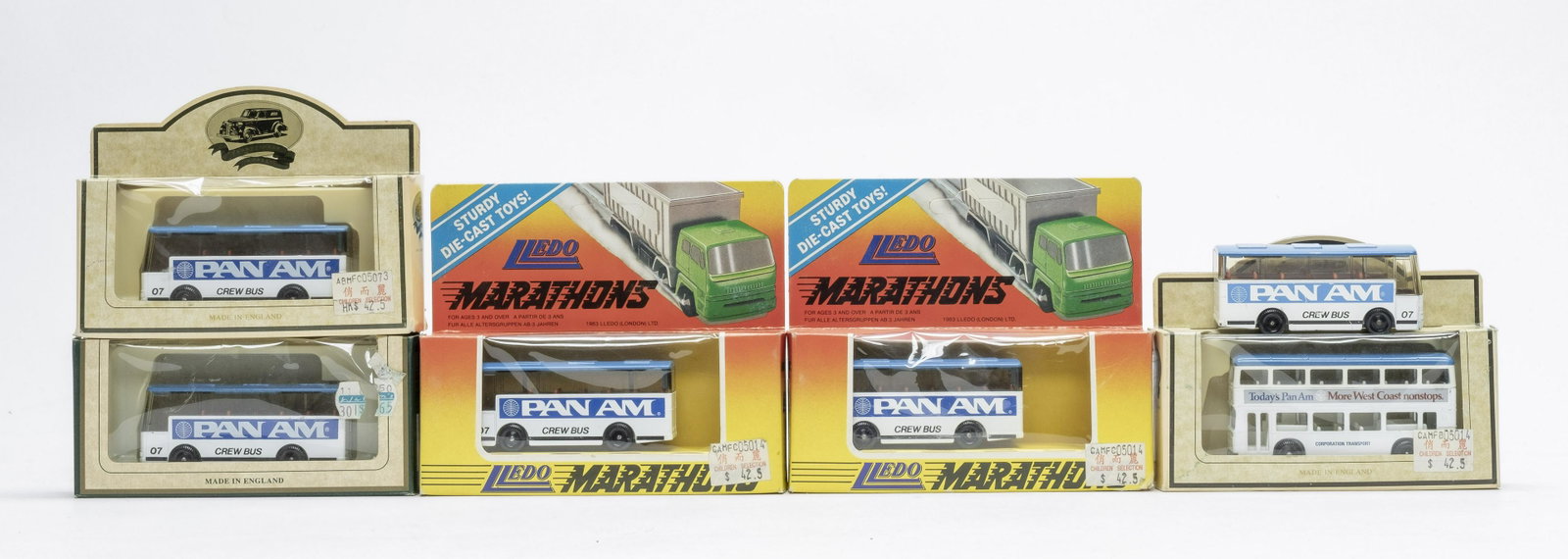 Pan Am Bus Toys: Includes 6 Pan Am themed buses. 5 in original packaging. All made in England. 3 1/2" Long. Pristine Plus Condition in Original Packaging.