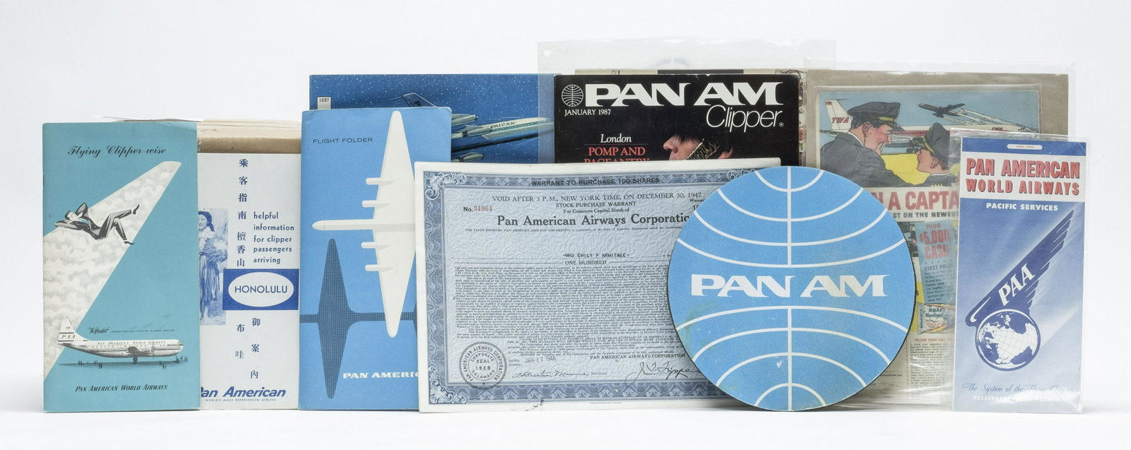 Pan Am Themed Lot: Includes: Stock Certificates, Magazines, Advertisements, Misc. Very Fine to Excellent Condition.