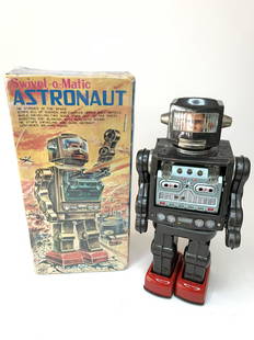 Swivel-O-Matic Astronaut Space Robot: SH. Japan. Circa 1974. Battery operated with original box. In working order. Robot has been taken apart and rewired. The on/off switch is replaced. Tabs on shoulders missing and held in place with tap