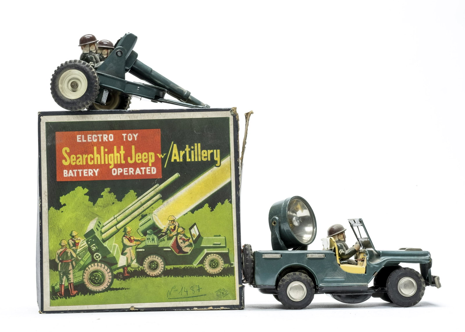 T.N Searchlight Jeep Battery Op: Made by Nomura Toys (T.N) of Japan. Made of Tin. 13" Long. Currently does not work. Fine Condition with original Box. Box lid with corner tears and missing 2" of lid edge. One artillery man loose.