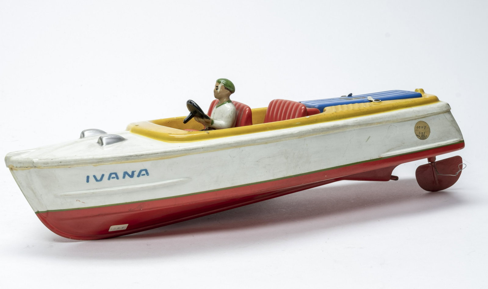 Ventura "Ivana" Speed Boat: Made by Ventura of Italy 1950's. Most Ventura Toys are scarce. Made of Plastic. Did not work when tested. Fine Condition. Missing the propeller.
