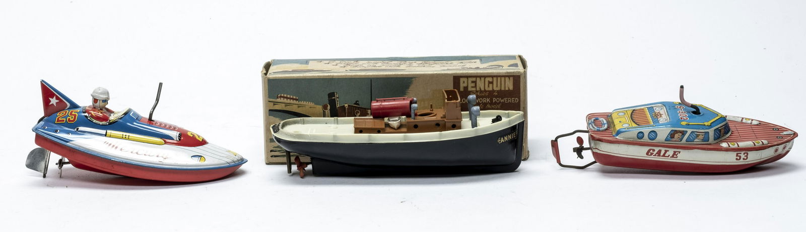 Two Hand Cranked Speed Boats & Plastic Tug Boat (1 of 4)