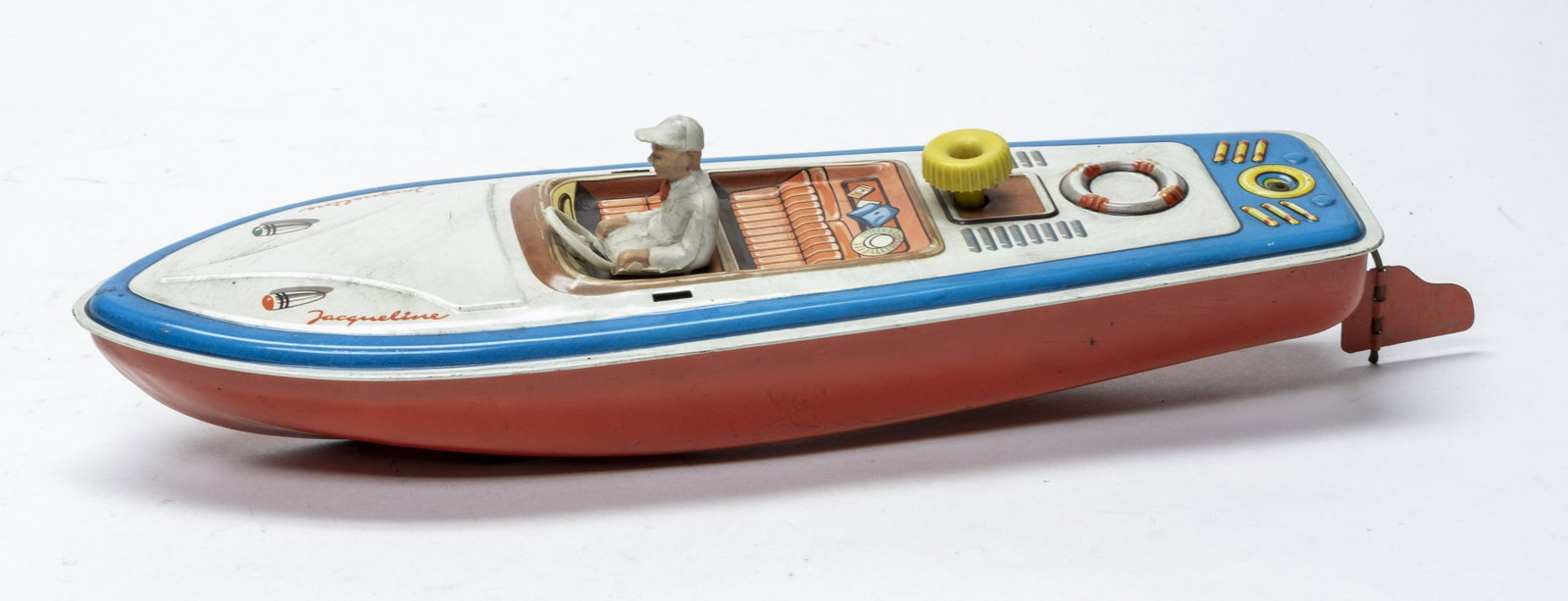 "Jaqueline" Speed Boat: Japan 1960's. 14" Long. Worked when tested. Hand Crank action. Excellent Plus Condition. Missing the windscreen.