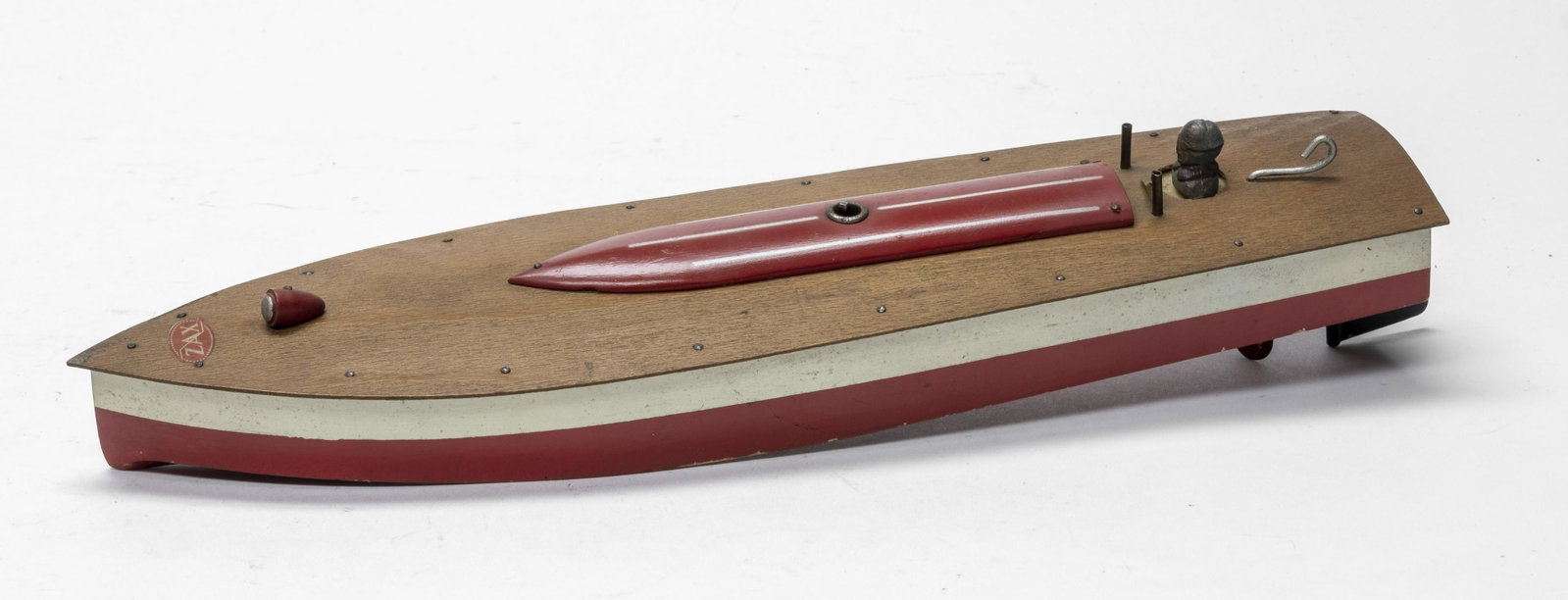 Zax Speed Boat: Made by ZAX of Switzerland 1940's. 16" Long. Worked when tested. Made of Wood with Lead Driver. Excellent Condition. No key.