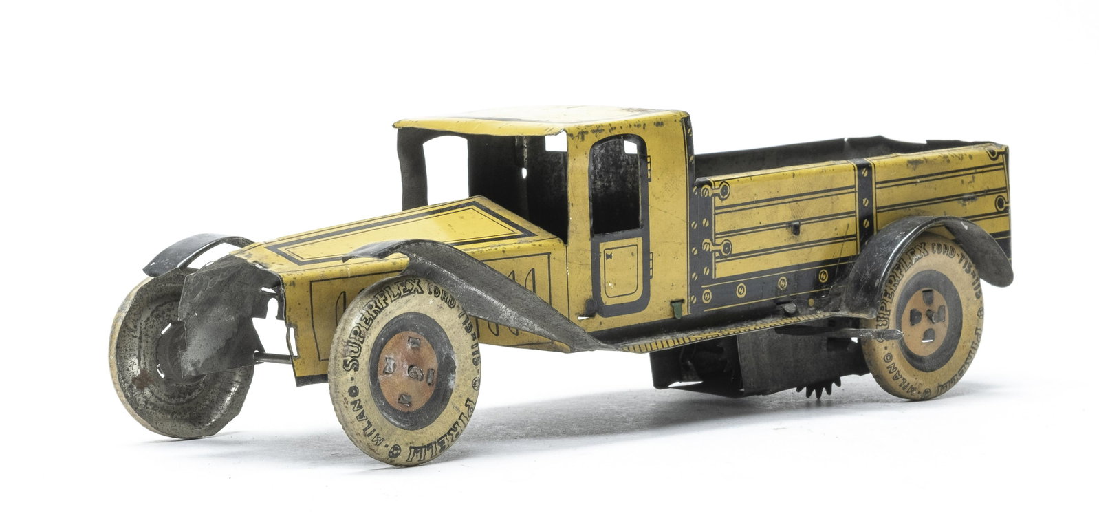 Alemanni Flatbed Truck: Made by Alemanni of Italy 1920's. 8 3/4" Long. Did not work when tested. Fine Lithography. Missing the grill and driver.