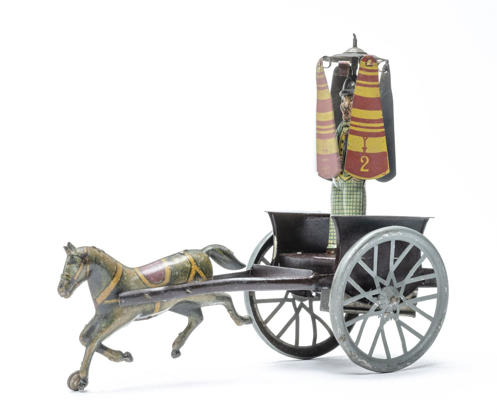 Horse Drawn Cart with Propeller Man: Probably by Bell of Italy 1930's. 7 1/4" Long. Worked when tested. Excellent Condition. No key.