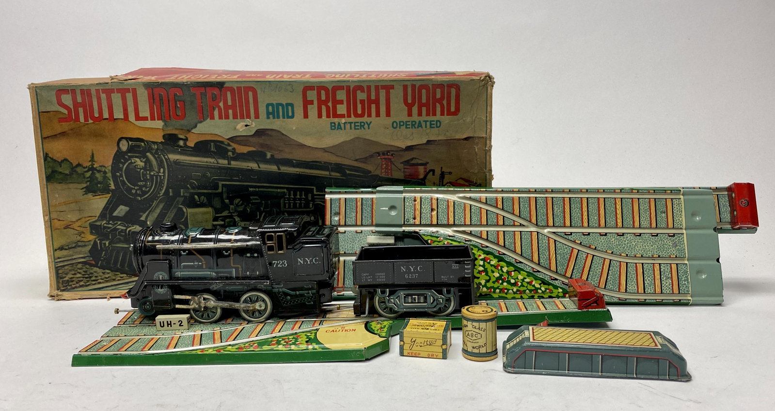 Shutting Train & Freight Yard: Japanese 1960's. Train and Tender 11" Long. Pristine Condition with Box. Box torn.