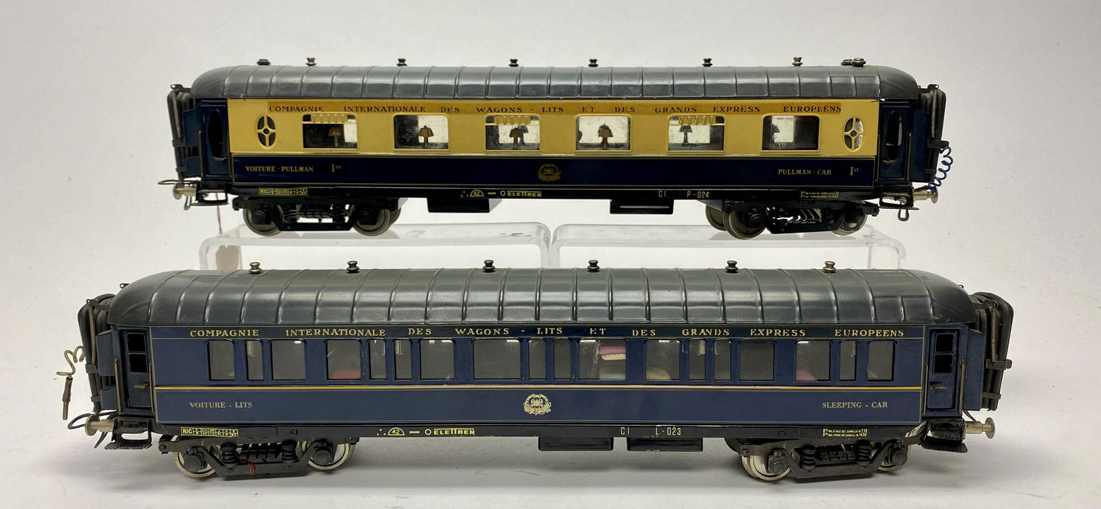 "Compagnie Internationale" Train Cars: Biaggi & Co. of Italy 1930's. 18" Long. Coach and the other a Sleeping Car. Excellent Condition.