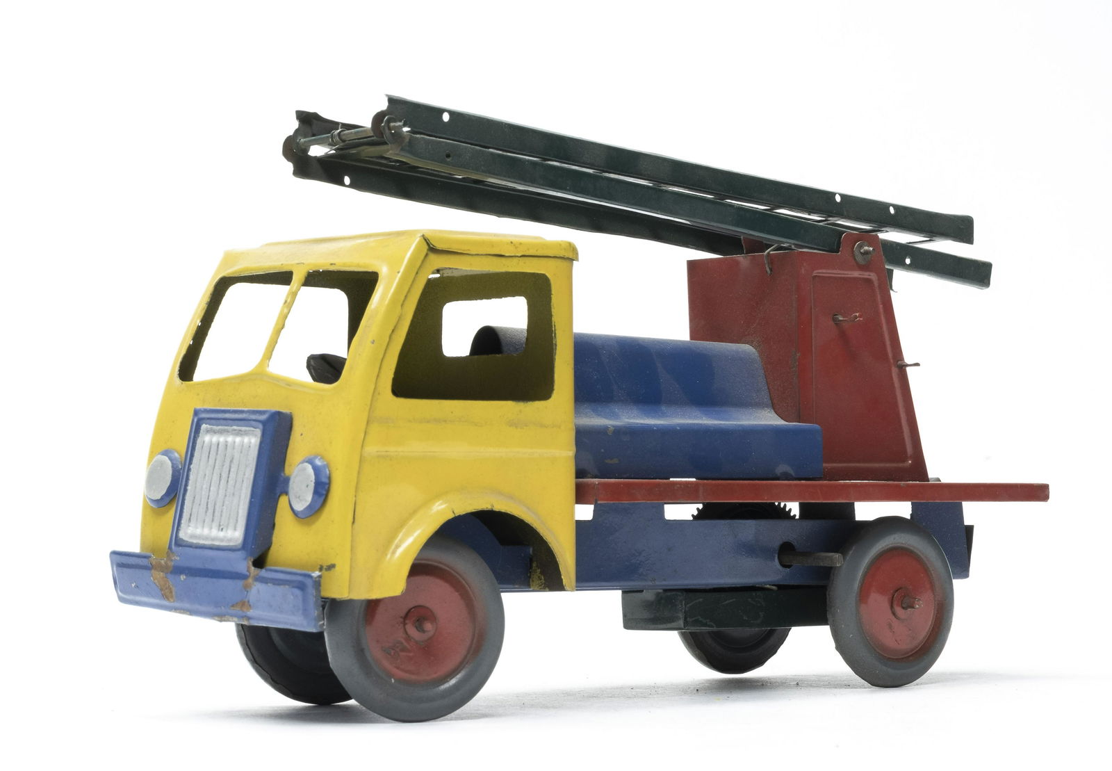 Colorful Fire Aerial Ladder Truck: Leonica. Italian 1950's. 10 1/4" Long. Made of Tin. Worked when tested. Wind up action. Excellent Condition. No key.