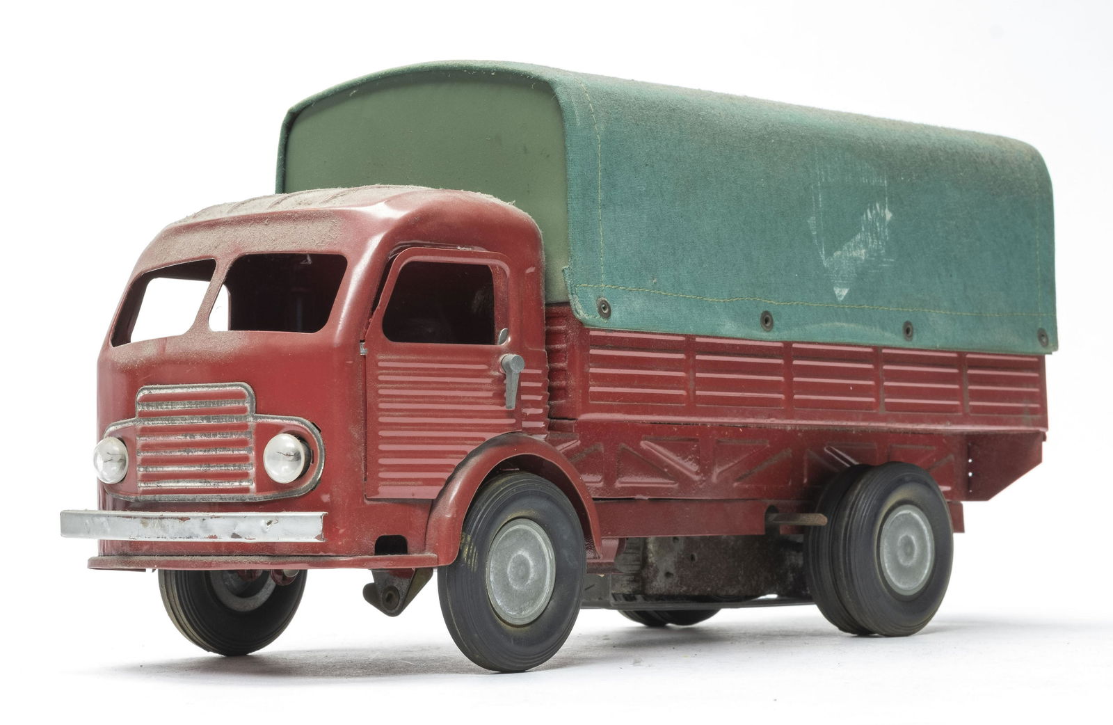 Covered Transports Truck: Made by JRD of France 1950's. 13" Long. Made of Tin and Cloth. Worked when tested. Wind up action. Very Fine Condition. No key.