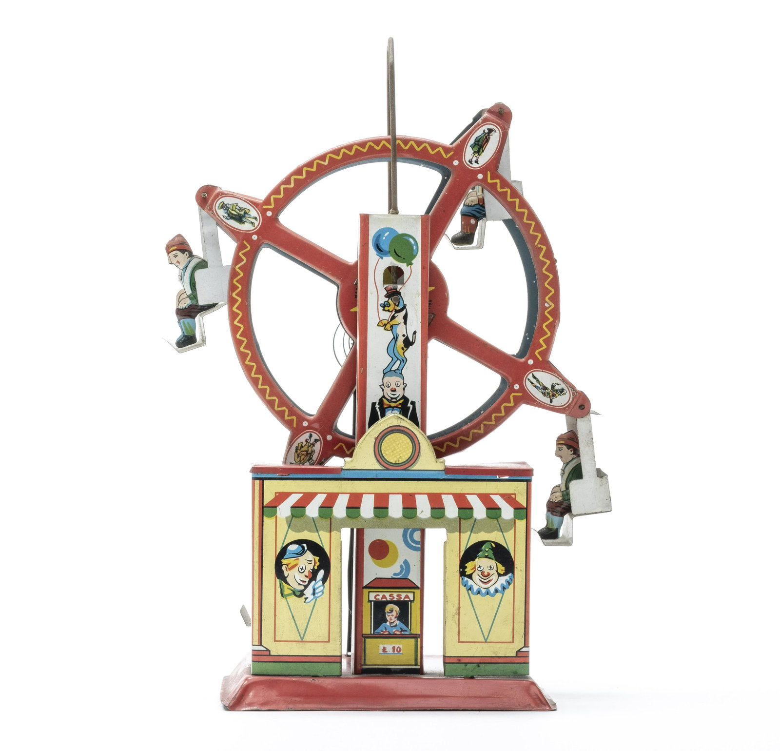 Bell Ferris Wheel: Made by Bell of Italy 1950's. 9 1/2" Tall. Worked when tested. Made of Tin. This is a scarce and colorful toy with great graphics. Excellent Plus Condition. The ticket booth missing its right side tab