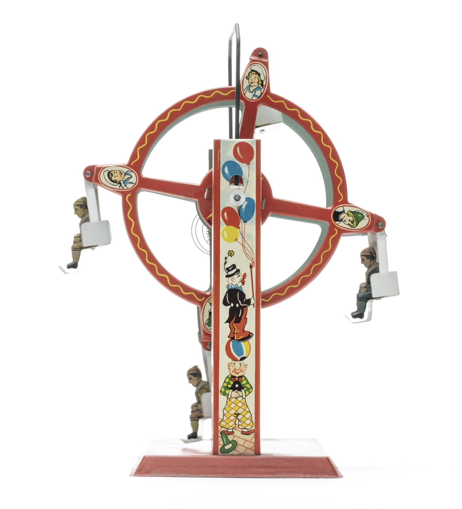 Ferris Wheel with Bell: Made in U. S. Zone Germany. 9 1/2" Tall. Practically identical to the previous toy except this one without a ticket booth. Worked when tested. Pristine Condition.