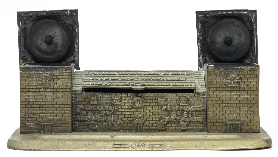 Double Inkwell & Pen Holder: English - 1920 - 11" Wide. Made for Samuel Thompson & Sons of many cities in England. Very Fine Condition.