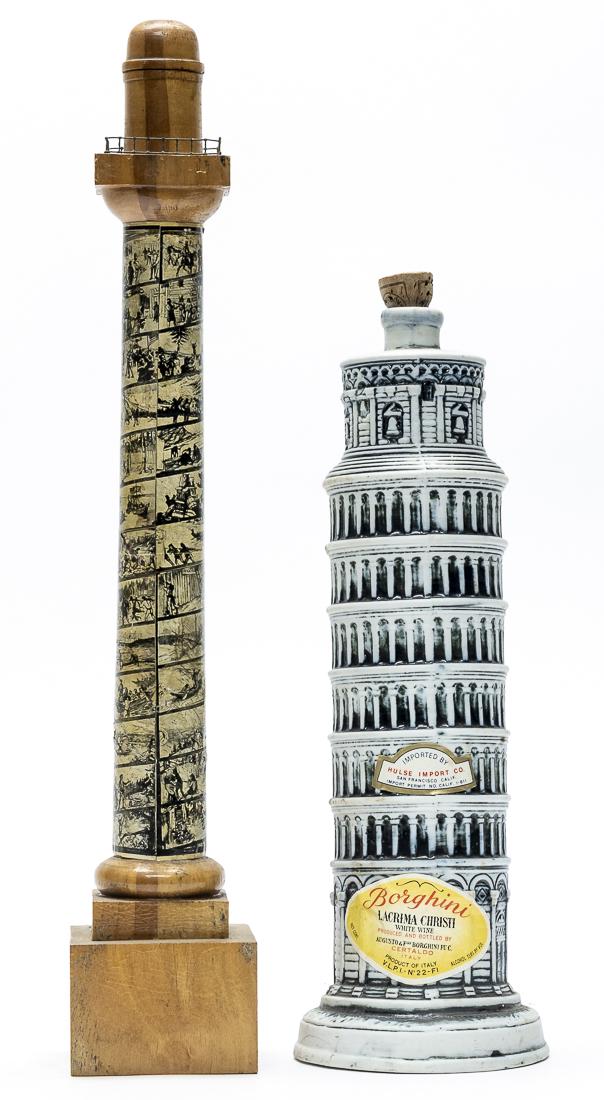 Astoria Column / Leaning Tower of Pisa: American/Italian - 1930's - 1970's - 14" / 17" Tall. The Astoria Column on the Oregon Trail is made of wood and paper and the other one a wine bottle. Very Fine (Paper a little loose). ***Domestic shi