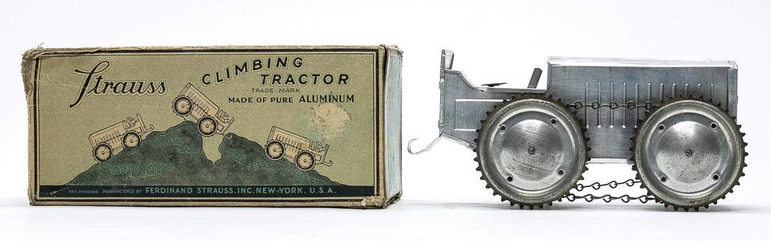 Climbing Field Tractor with Box: Ferdinand Strauss Company. New York - 1930's - 9" Long. Worked when tested. Pristine Condition. Box missing its top lid.