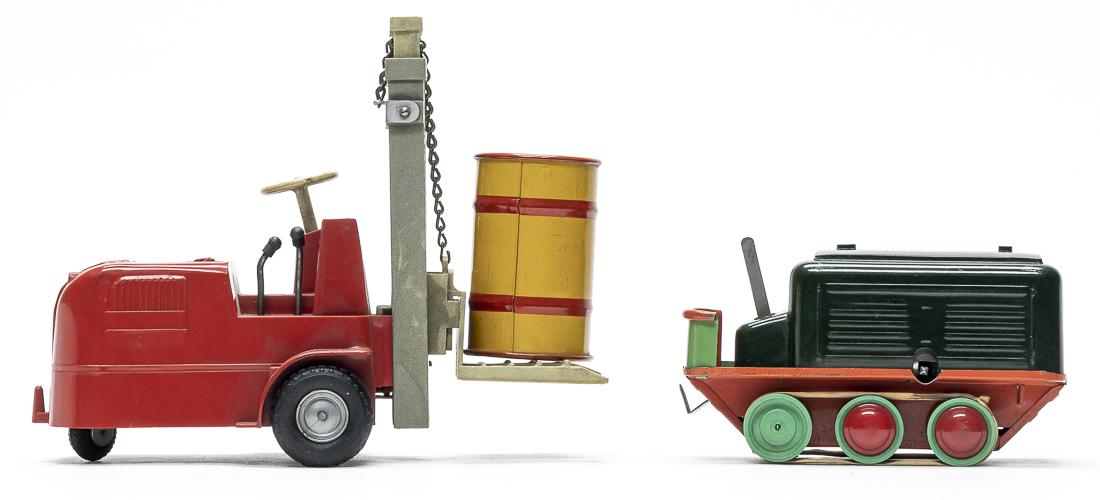 Forklift / Marine Tractor: Keim / LBZ. German - 1950's - 6" / 8" Long. The tractor worked when tested, but the forklift did not. Very Good / Excellent Condition. (Plastic lift with 1" crack)