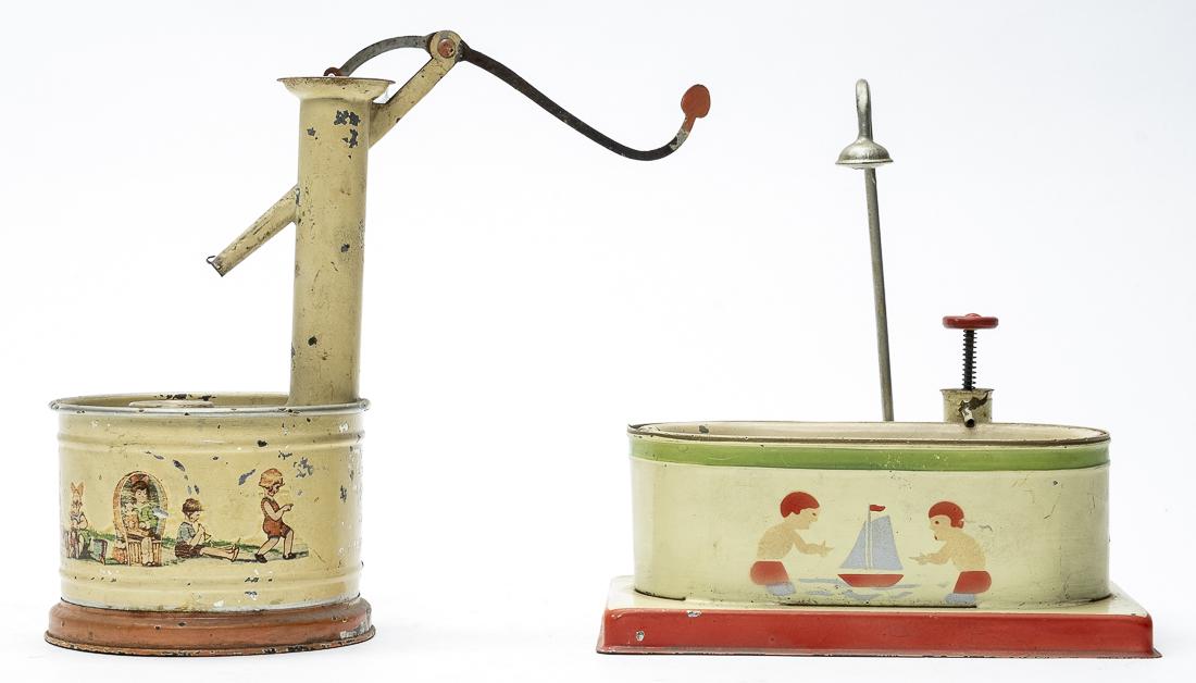 Bathtub / Fountain GOSO Toys: GOSO. German - 1930's - 8" / 8.5" Tall. The fountain marked "Goso" and the other a working bathtub. Shower. Very Fine Condition.