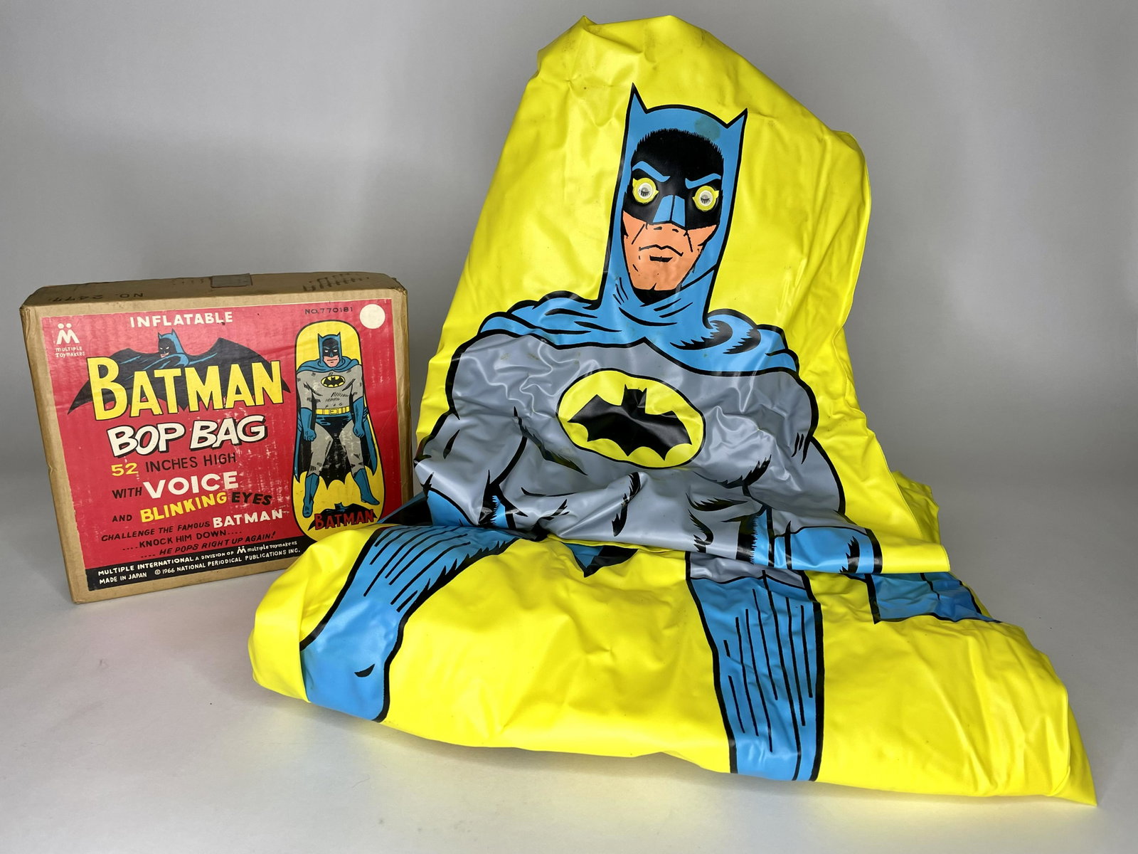 Batman Inflatable Bop Bag: Made in Japan. Circa 1966. 52 inches high with voice and blinking eyes in original box. Excellent Condition. Not tested.