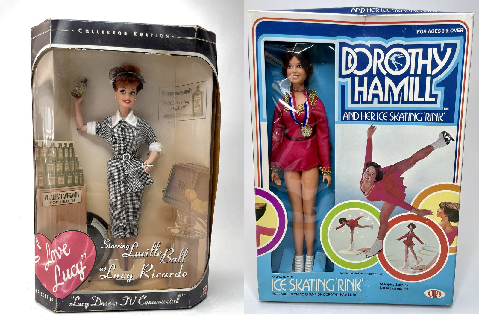 I Love Lucy - Lucille Ball & Dorothy Hamill Dolls: Made by Mattel - Lucille Ball as Lucy Ricardo Commercial Doll from TV Episode 30 advertising Vitameatavegamin for Health. Also includes Dorothy Hamill skating doll made by Ideal. Both measure 12 inche