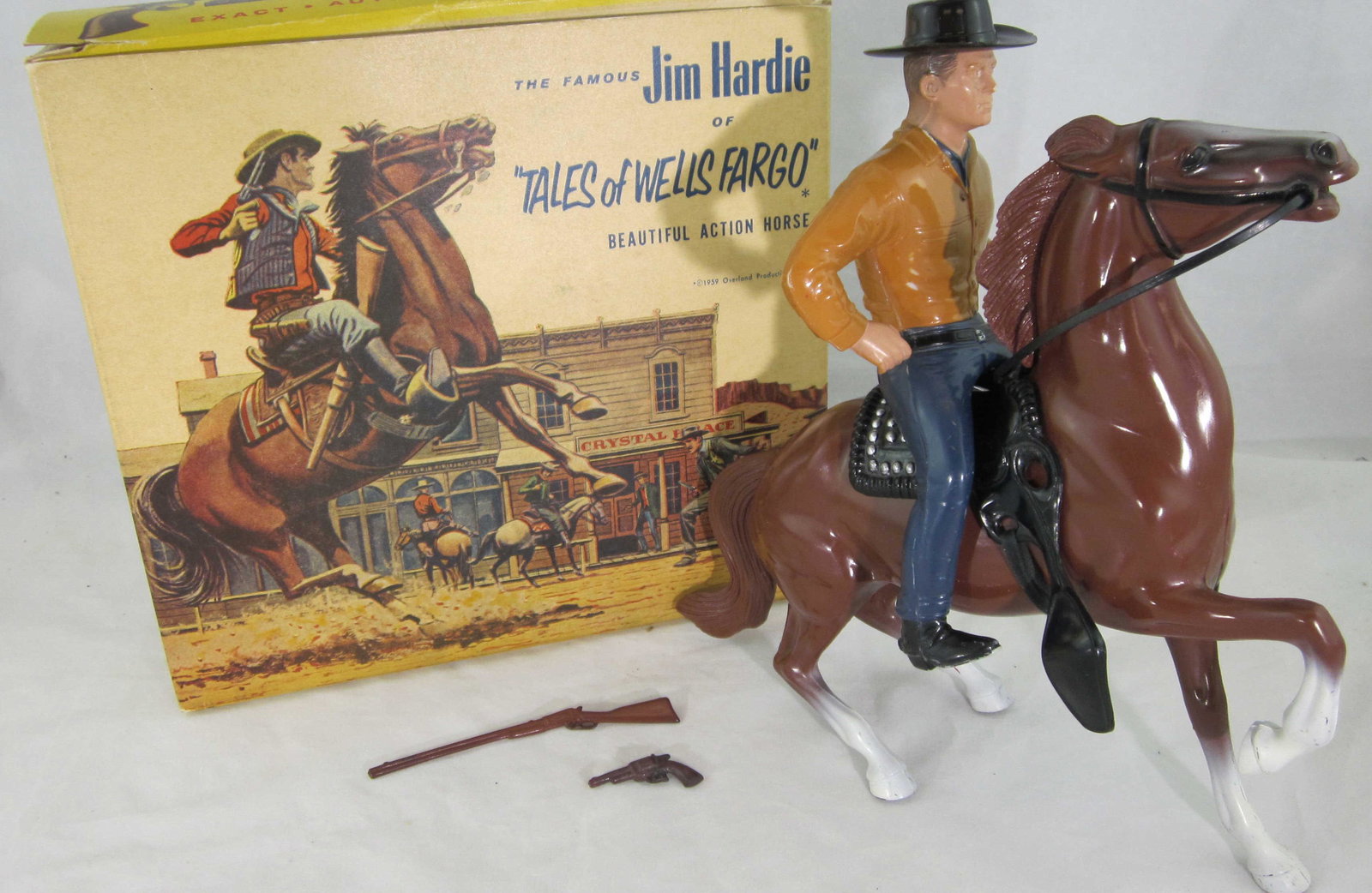 Hartland Series Set #864 Mounted Jim Hardie: UNBOXED Hartland Western Series Mounted Jim Hardie/Dale Robertson from Tales of Wells Fargo TV Show. Condition excellent, rub to nose, hair and toe, repro hat and long gun. Chestnut semi-rearing horse