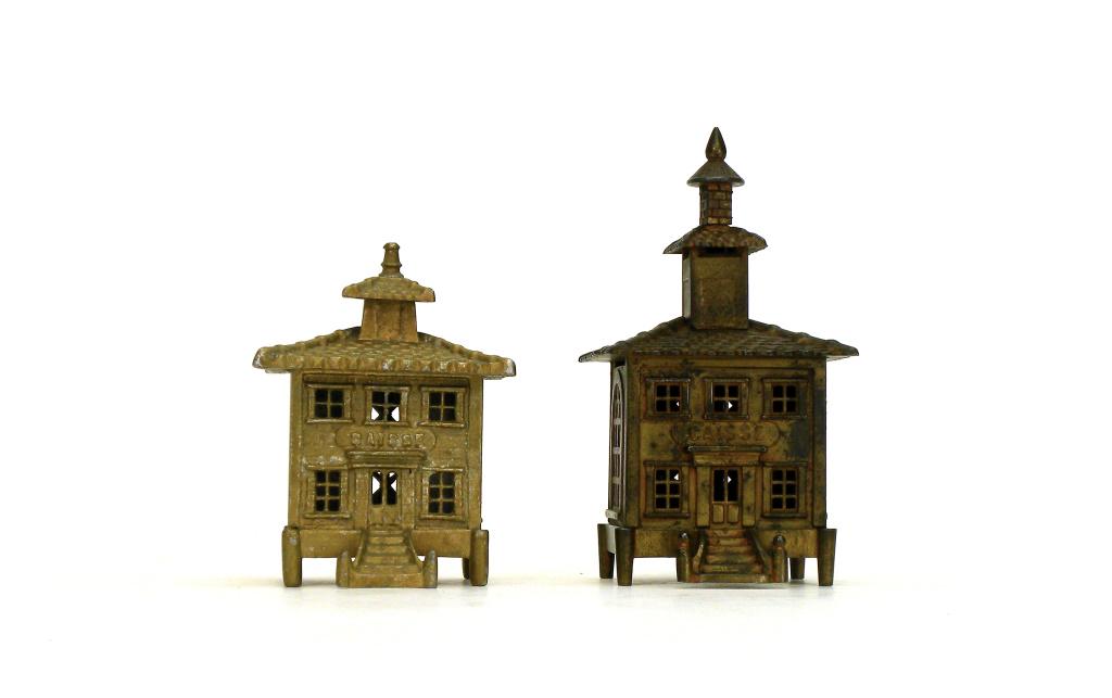 Two Caisse Banks: French - 1920's to 1930's. 5" to 6.5" Tall. The shorter made of aluminum and the taller of brass. Excellent Condition.
