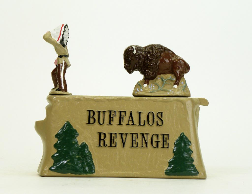 Buffalo's Revenge Bank: Reynolds Toys - 1990. Made for the MBCA Convention held in Buffalo, New York in 1990. Place a coin in the aperture on the left side of the bank. Set the Buffalo in place and release the lever. The Buf