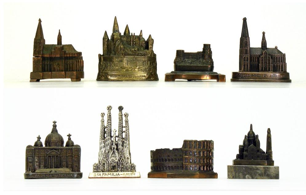 Group of European Souvenirs: 8 Items. Various Makers - 1940's to 1980's. Included: Sacre Coeur, Koln Cathedral, Burg Hohenzollern, Westminster Abbey, Schloss Heidelberg Ashtray, the Colosseum, Barcelona Cathedral and the Vatican.