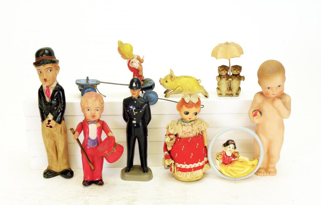 Assorted Celluloid Toys: Japanese - 1930's - 1960's - Varying Sizes. Very Good Condition. Charlie Chaplin with crack near hands. **Additional Shipping Charge Due To Large Lot Size**