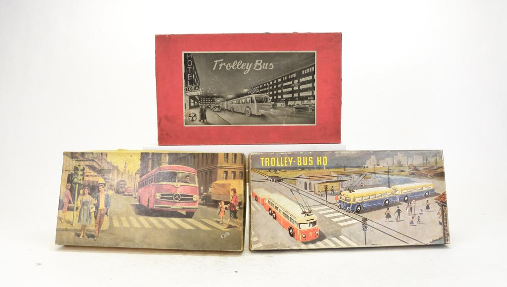Three Bus Toys with Tracks: Germany / Western Germany - 1950's / 1960's. Pristine with Boxes.