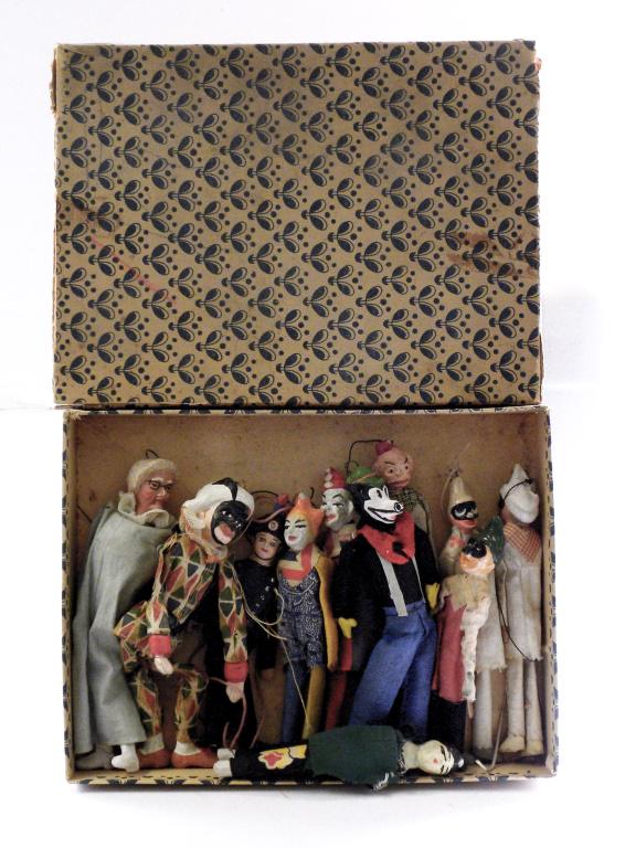 Composition and Fabric Puppets: 10 in Total. European - 1930's. Pristine Condition. Box with tears.