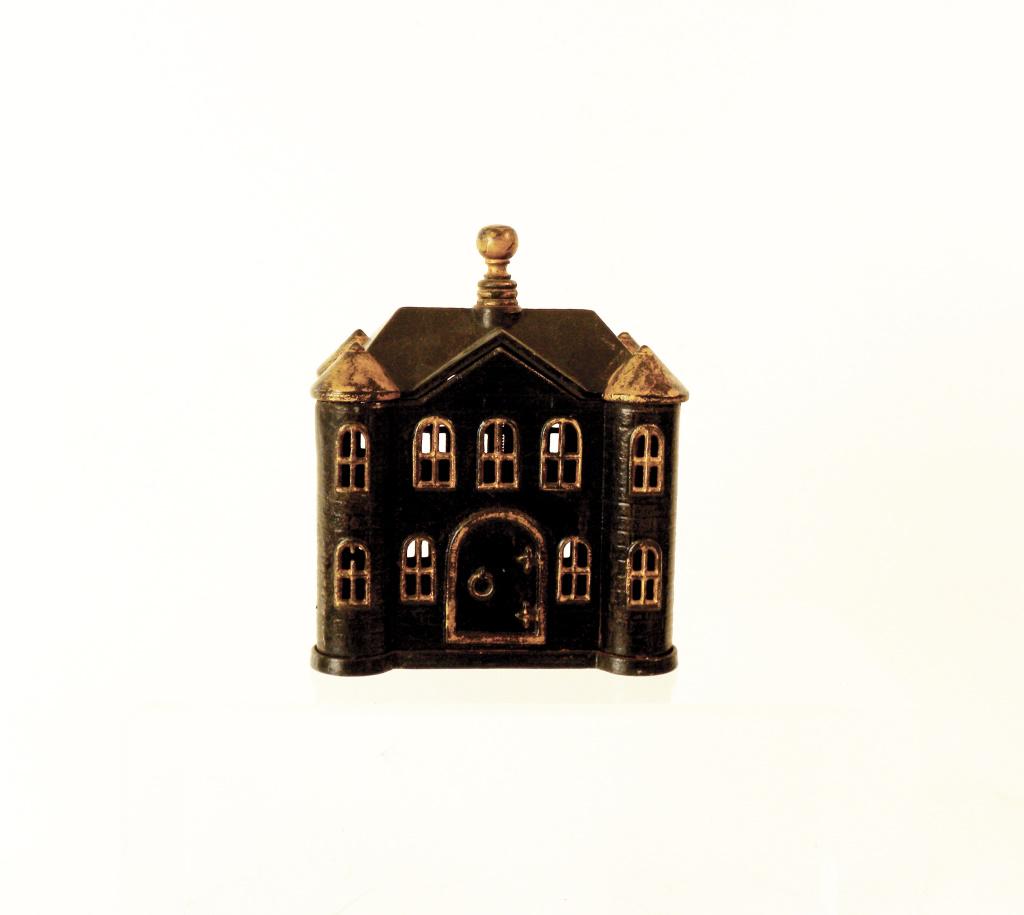 Villa Iron Bank: Kyser & Rex Company. Philadelphia - 1890 - 5 3/4" Tall. Fine Condition. Replaced Finial.
