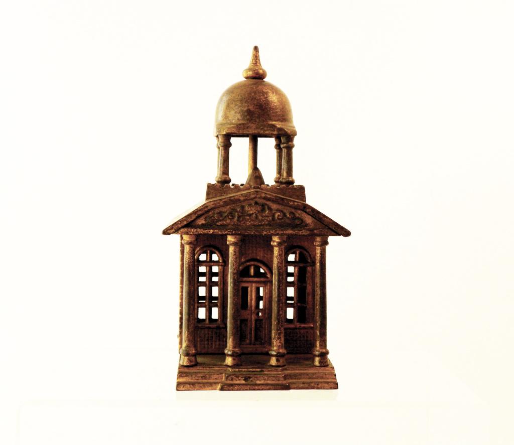 Building with Belfry Iron Bank: Kenton Hardware Company. Kenton, Ohio - 1895 - 8" Tall. A very old repaint. 1" base hairline crack.