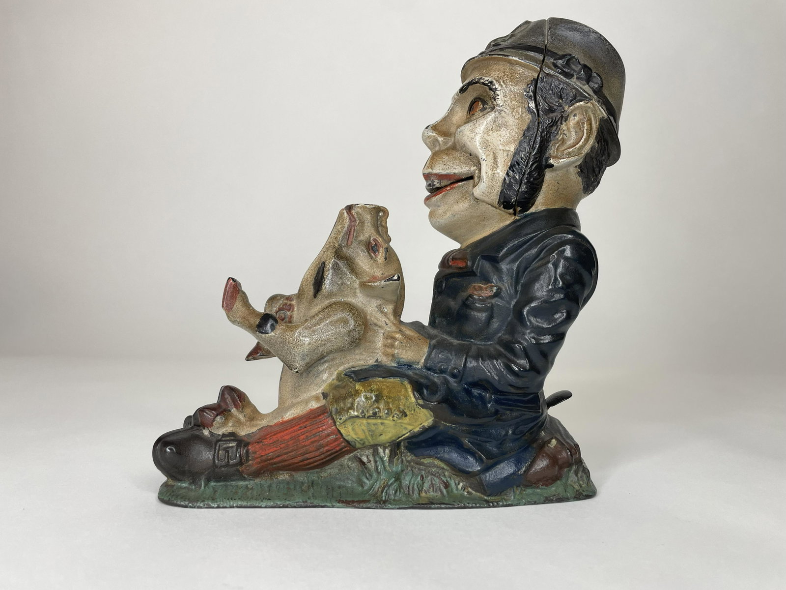 Paddy and the Pig Mechancial Bank - Blue Jacket: Made by J & E Stevens. Cromwell, Connecticuit. Circa 1882. Very Good Condition.