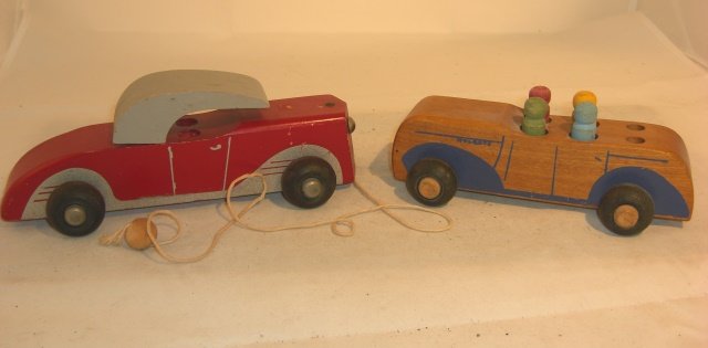 2 WOOD CARS: 1 Holgate w/4 people 7 1/2"; 1 Concroft car pull toy 9"; condition very good