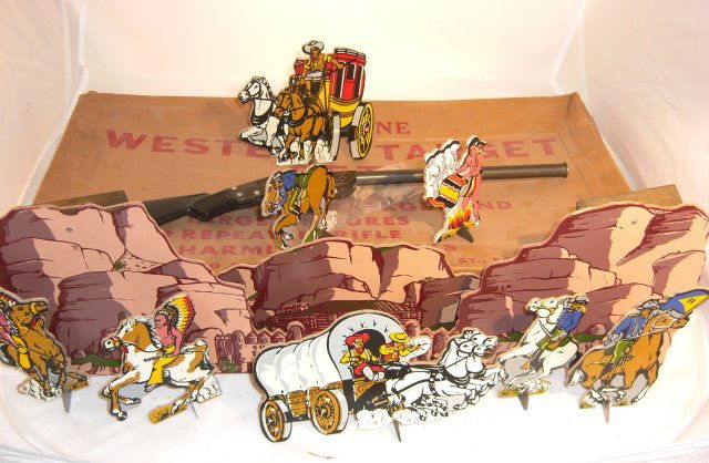 KEYSTONE WESTERN TARGET GAME W/ BOX: Includes cork gun "model 825" & corks; figures have score rating on backs; figures very good, box good