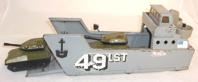 BUDDY L LST & TANKS: Tin, LST 13" long, 2 tanks 4" long each; LST good, 1 tank condition very good, 1 fair (decals torn off)