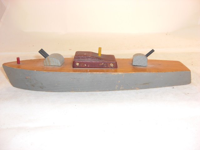 WOOD BATTLESHIP: 11 12" long; 2 turrets rotate; condition good