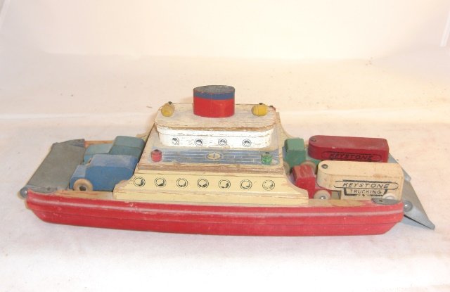 KEYSTONE CAR FERRY: Wood, metal ramps; 12" long, 3 1/2" high; with 2 x 4" long trucks and 2 x 2" long cars; cars and trucks condition very good, ferry good