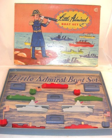 LITTLE ADMIRAL BOAT SET: 15 wood pieces; 1 buoy has broken flag staff; a product of Tudor Button & Novelty in Brooklyn; box 12 1/2" x 17 1/2"; condition excellent in fair/good box