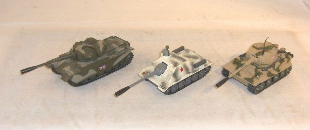 3 CORGI TANKS: Metal; 2 x 4", 1 x 4 1/4" long, not counting guns; condition excellent