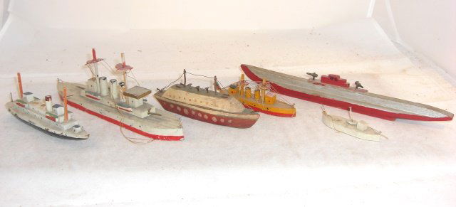 6 WOOD SHIPS: Homemade; 11" to 3"; condition good