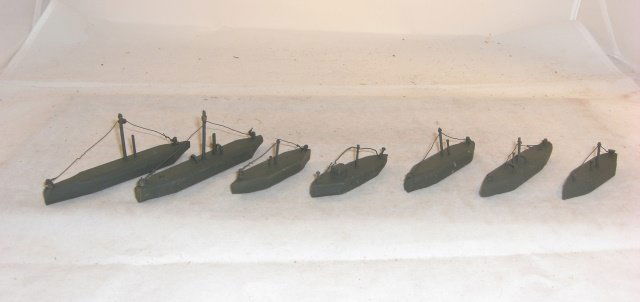 7 WOOD SHIP MODELS: Homemade; 5" to 3" long; condition good