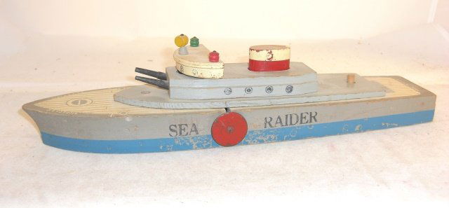 KEYSTONE "SEA RAIDER" EXPLODING SHIP: Wood; 14" long"; condition very good