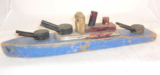 WOOD BATTLESHIP: Wood; homemade; 17 1/2" long; turrets move; condition fair